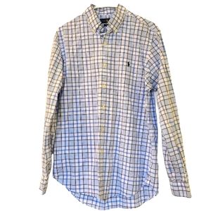 Ralph Lauren Men's Blue & White Plaid Button Down Shirt 100% Cotton Stretch